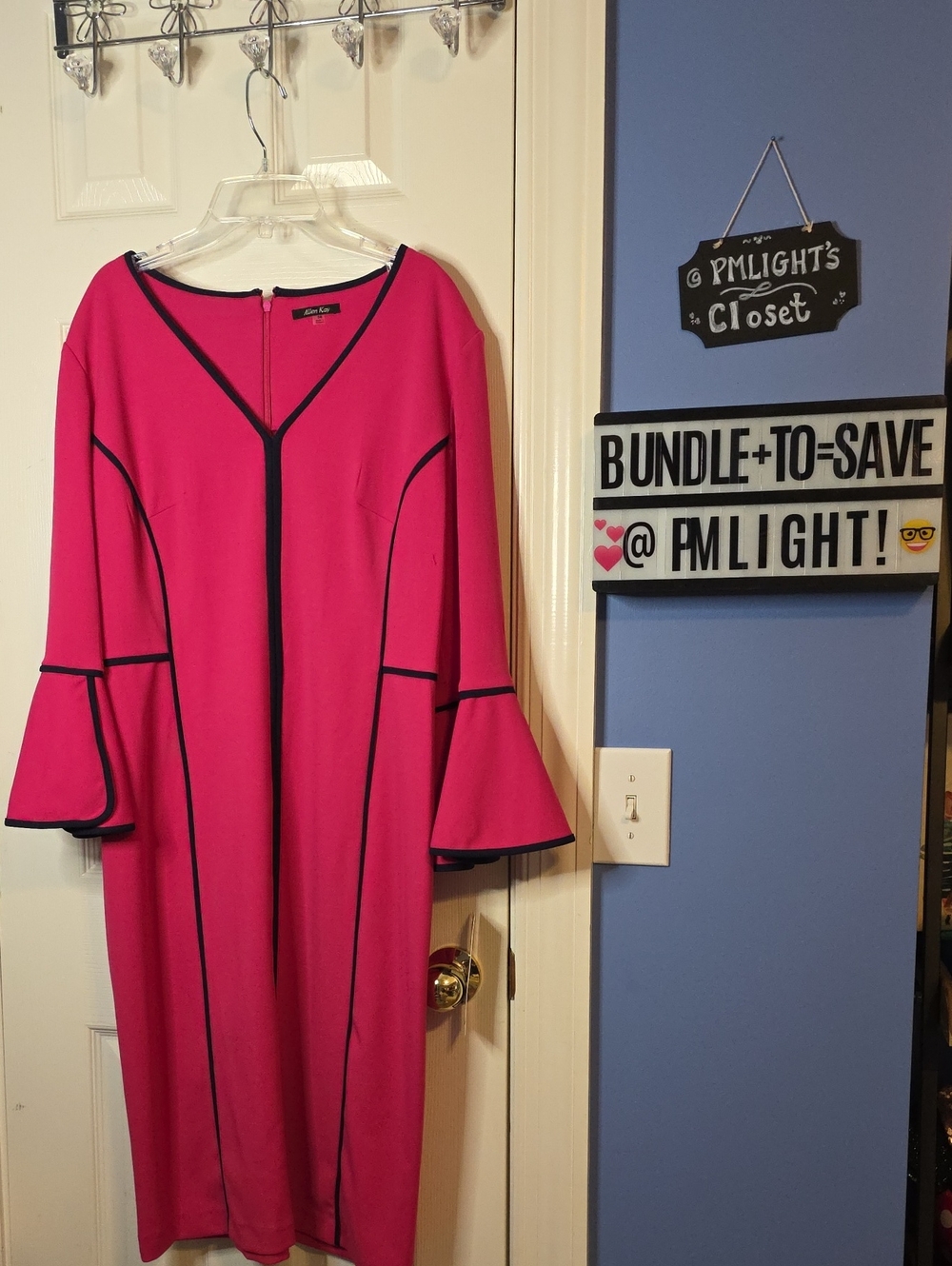 Allen Kay Hot Pink Midi Dress with Navy Piping 14 NEW